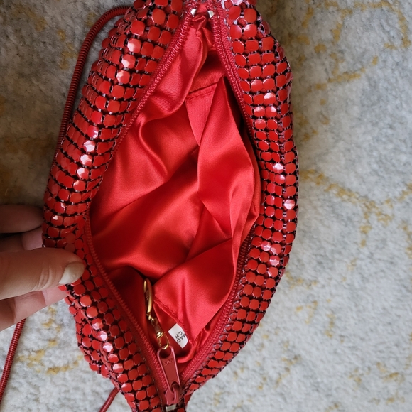 Vintage Red Chevron Metal Mesh Handbag Evening Bag Crossbody with Chain Strap - Picture 5 of 7